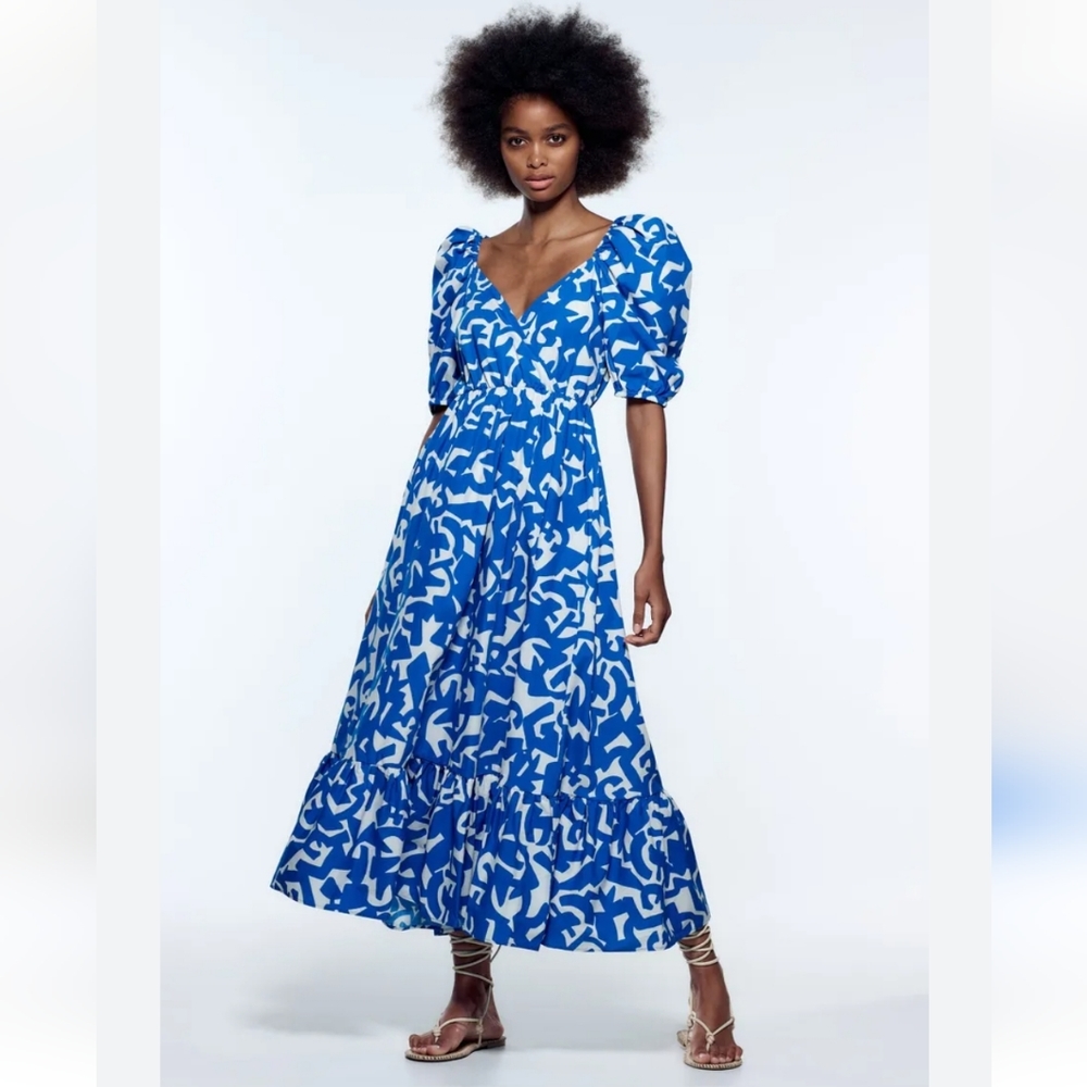 Zara blue cotton poplin printed dress XXL